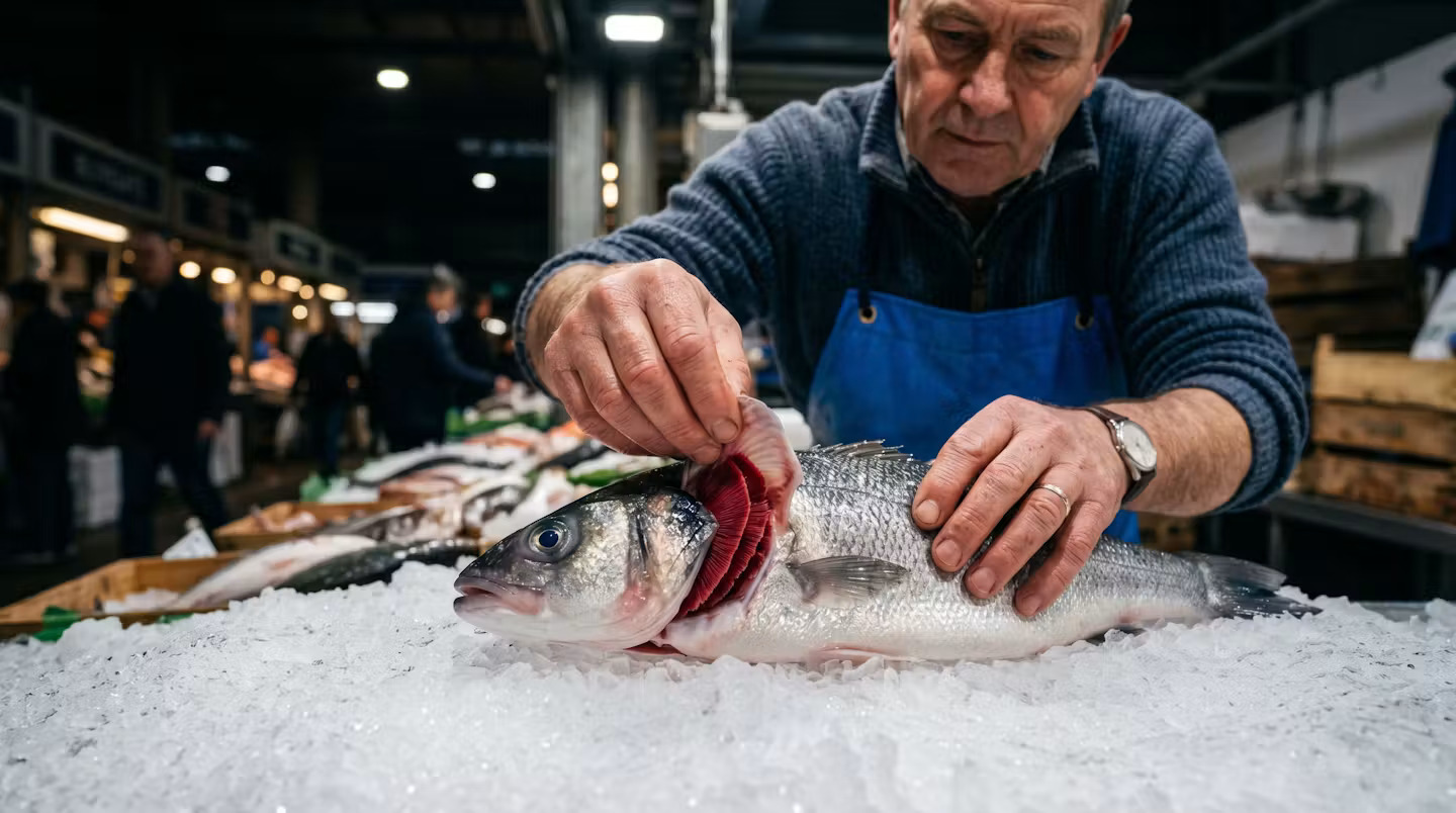 How to choose fresh fish - inspecting a fresh whole fish at Billingsgate Market