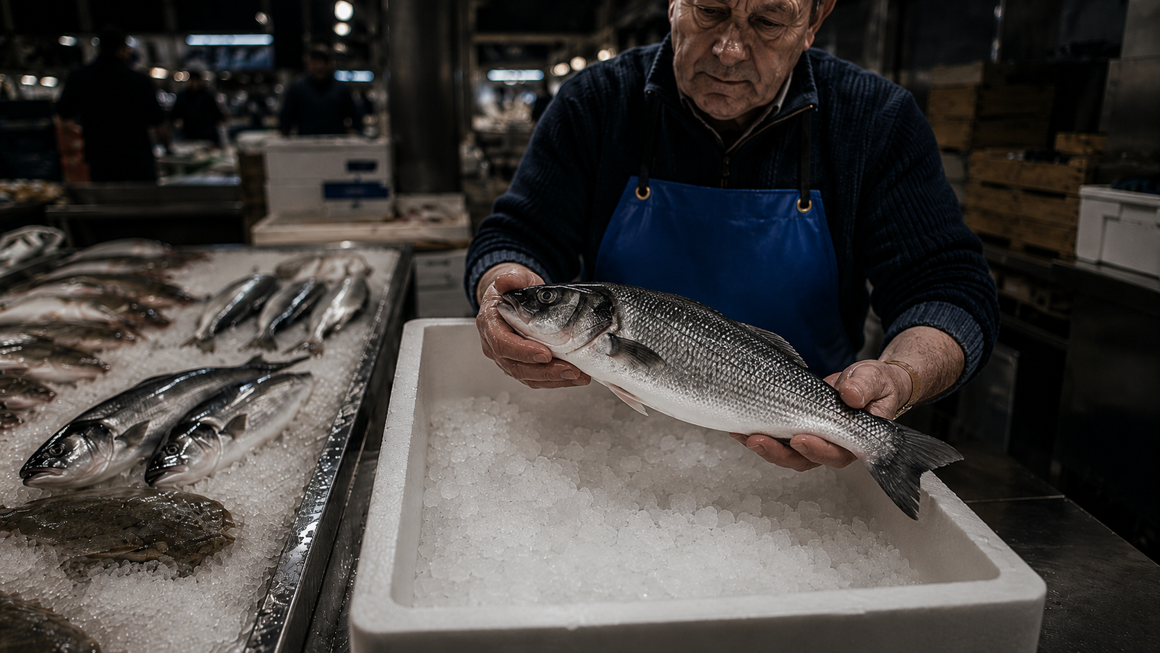 Fishmonger holding a fresh sea bass over a box of crushed ice at a traditional fish market